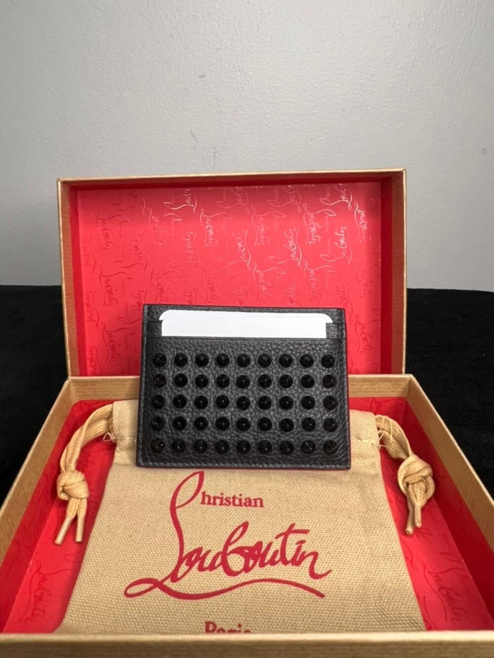 Christian Louboutin Kios Card Holder Black Spikes Leather NIB CM53